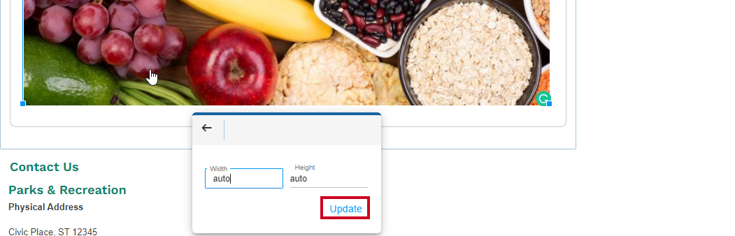 The Update link text in the Change Size dialog box allows you to save and exit the dialog.
