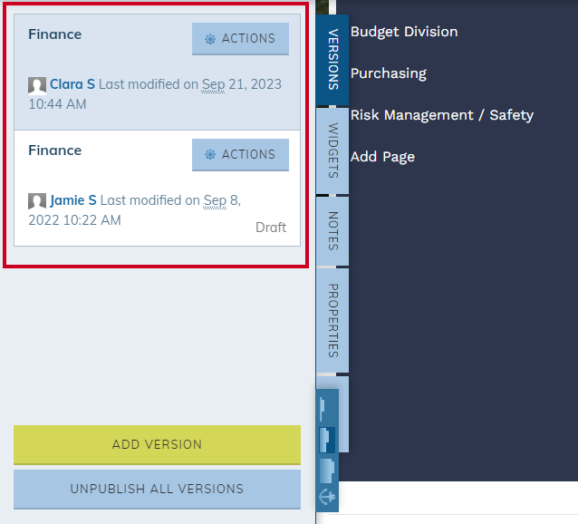 page versions tab.