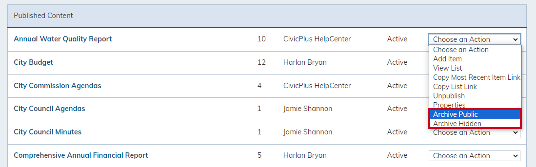 archive public or archive hidden options in action drop-down.