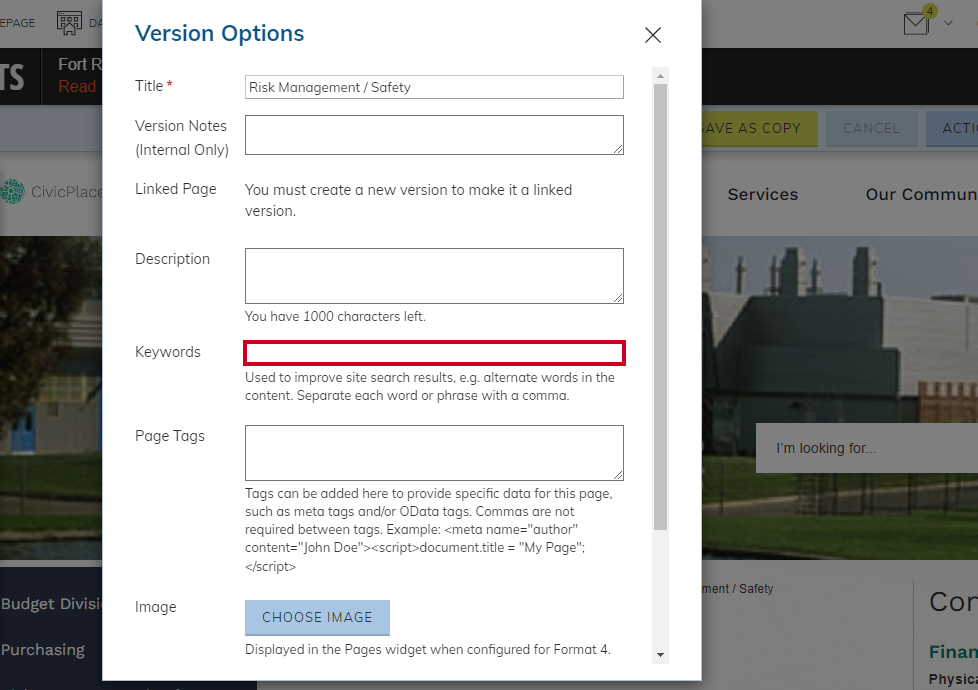 Keywords text box.