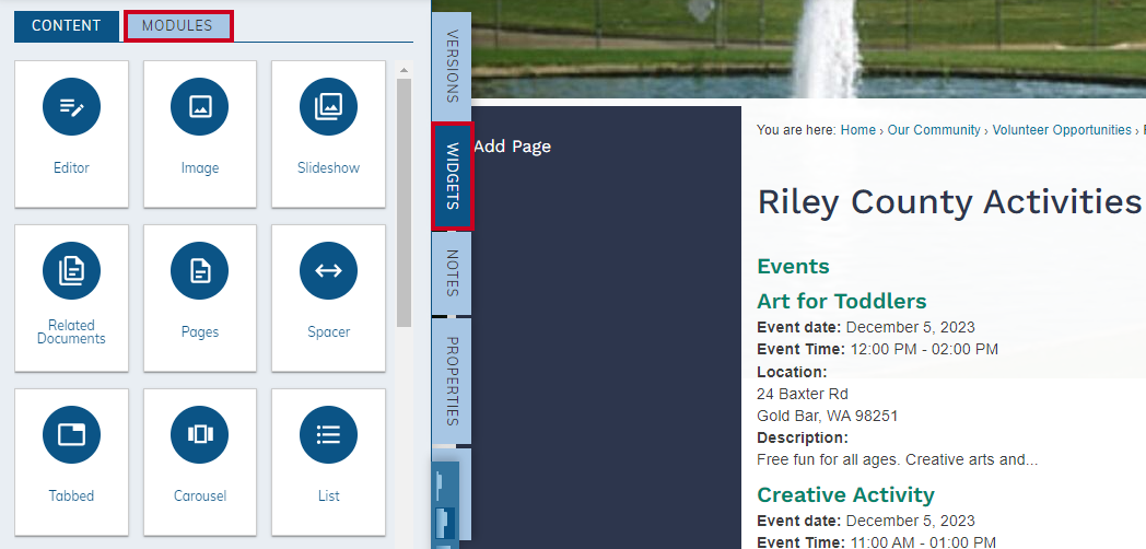 widgets tab modules