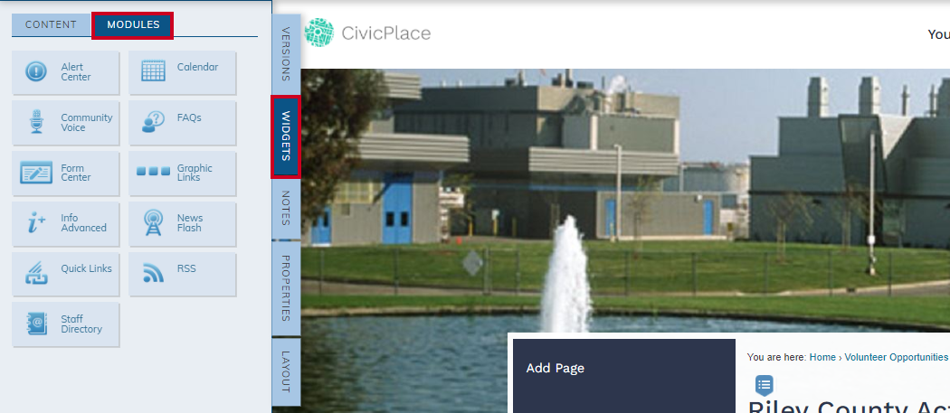 widgets tab, modules