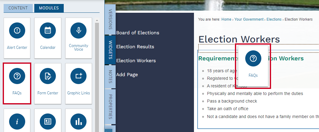 drag-and-drop FAQs widget to content area.