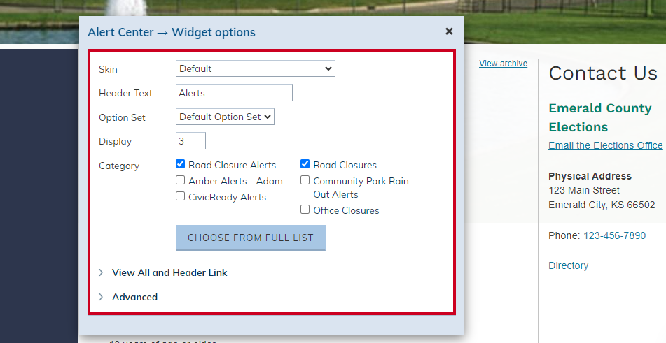 widget options pop-up.