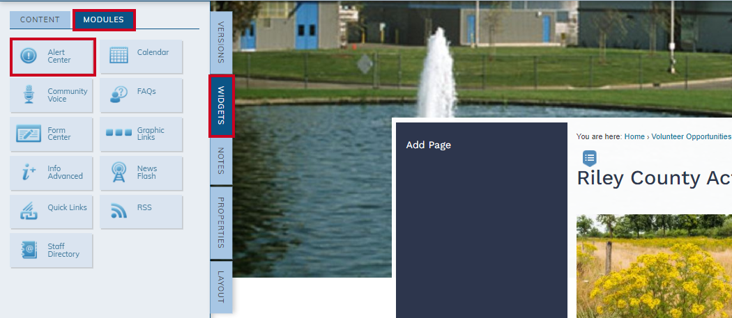 widgets tab, modules, alert center
