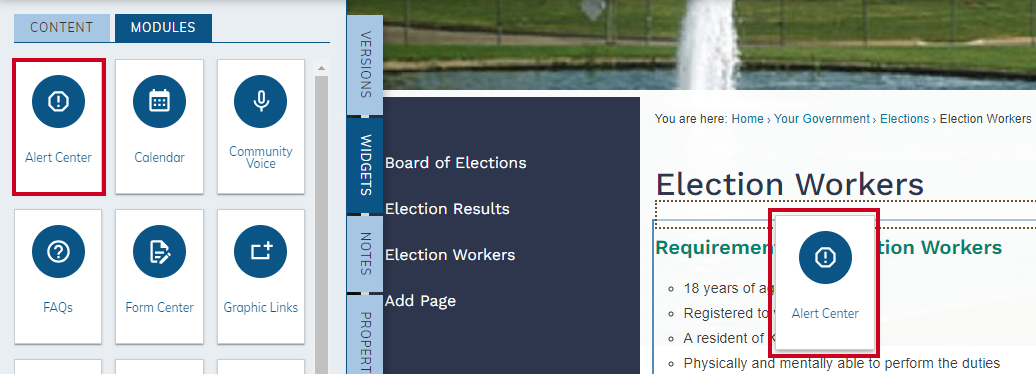 drag-and-drop alert center widget onto page.