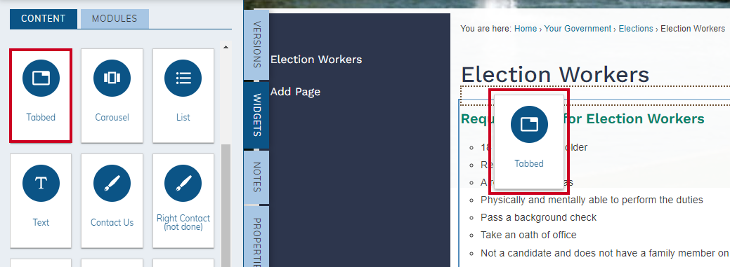 Tabbed Widget selected on Widgets tab and dragged onto page content.
