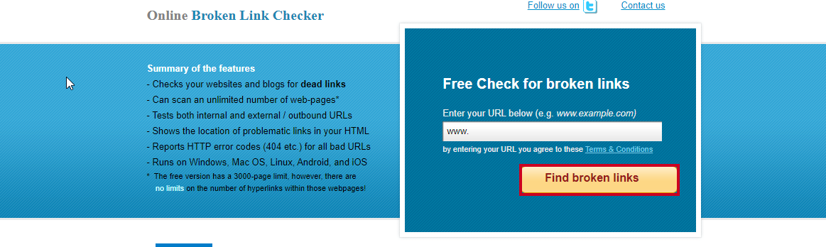 A yellow, rectangular Find broken links button below the Free Check for broken links field.