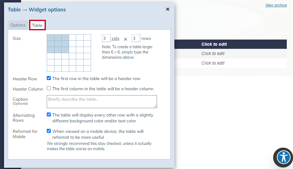 widget options table tab
