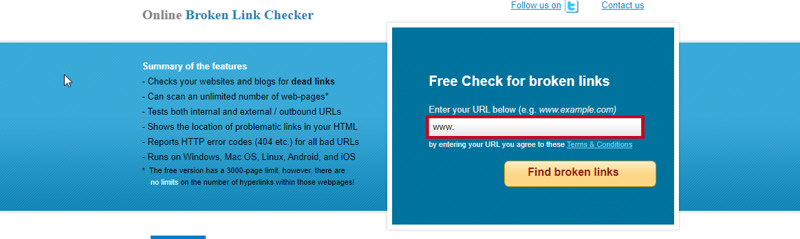 A text box on the Broken Link Check website for users to input their desired URL.