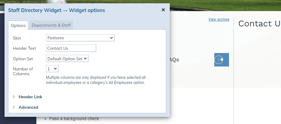 staff directory widget options pop-up.