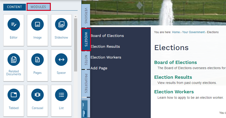 widgets tab, modules
