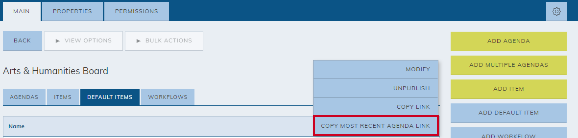 actions menu, copy most recent agenda link