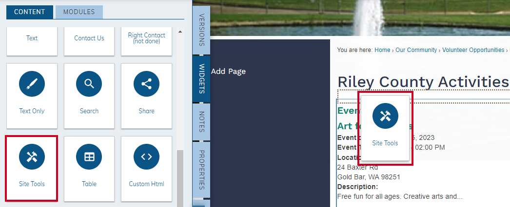 drag-and-drop site tools widget to page.