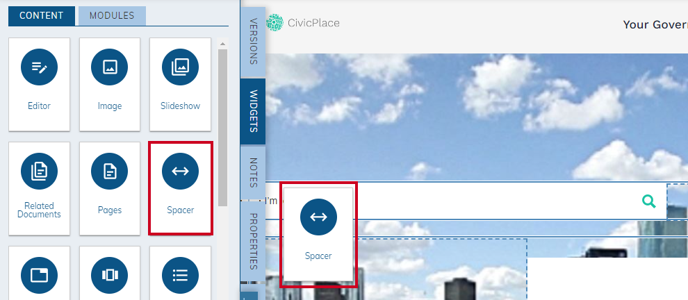 A spacer widget being added to the page.