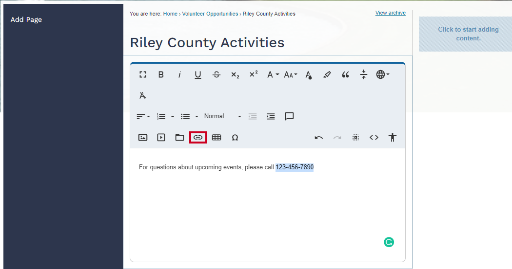 Web Central Editor Widget Insert Link button.