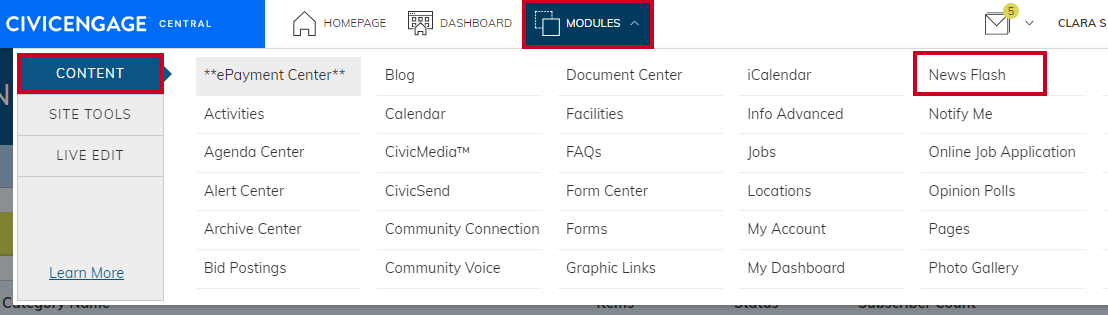 News flash option under Modules menu.