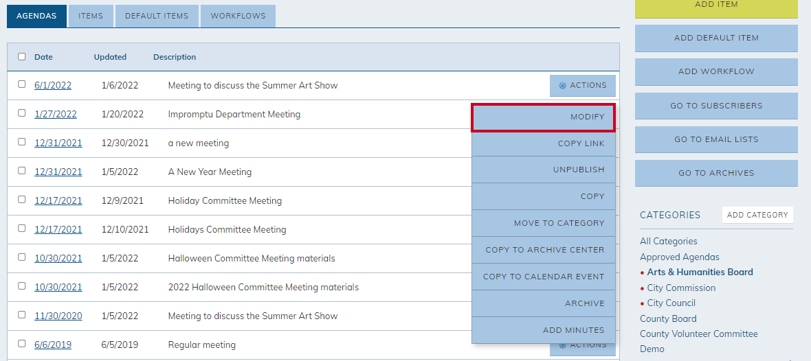 The newly created agenda's Action menu options.