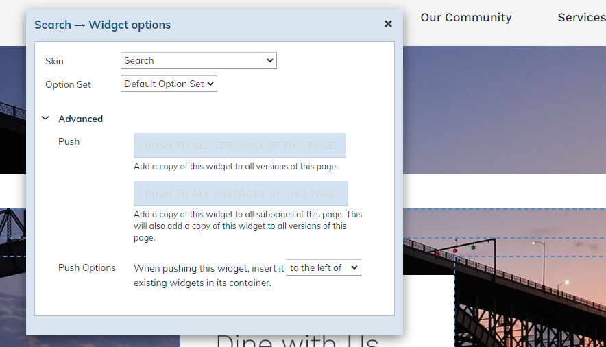 widget options pop-up.