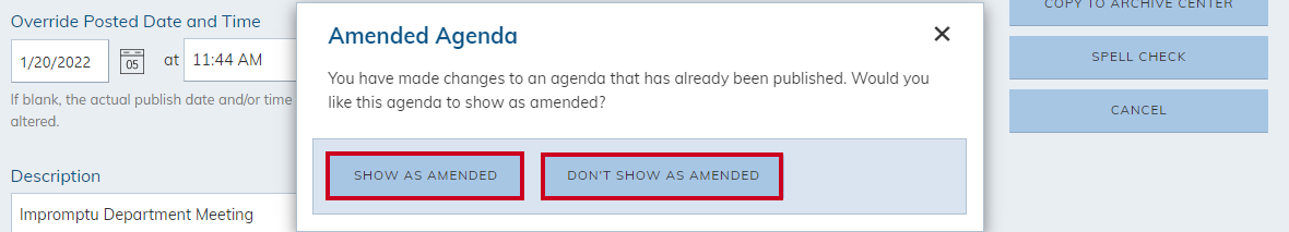 The buttons labeled Show As Amended and Don't Show As Amended in the Amended Agenda modal.