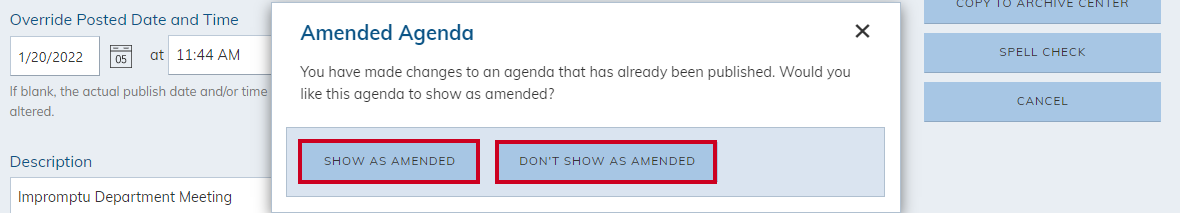 The pop-up message when a published agenda is edited.