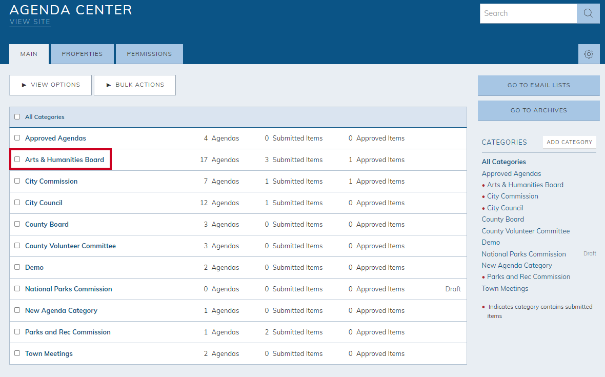 A list of categories for the Agenda Center.