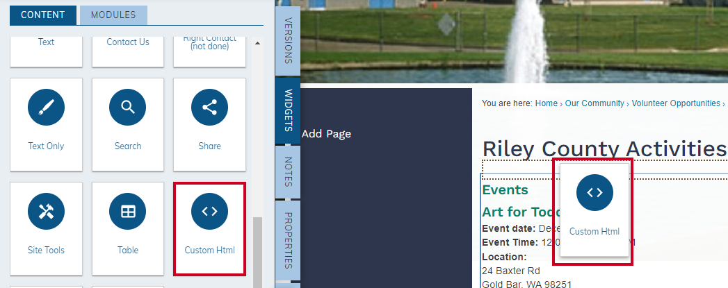 drag-and-drop custom HTML widget onto page.