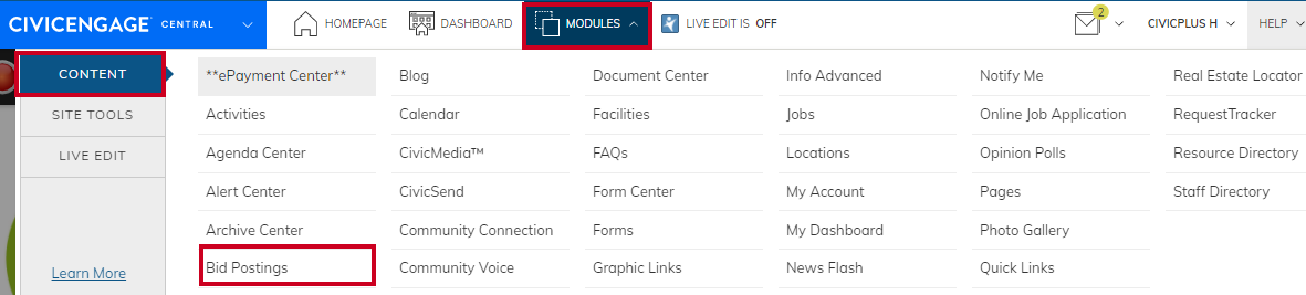 The Bid Postings module located on the Modules menu.