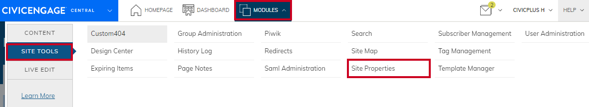 Site Properties on the Site Tools menu.