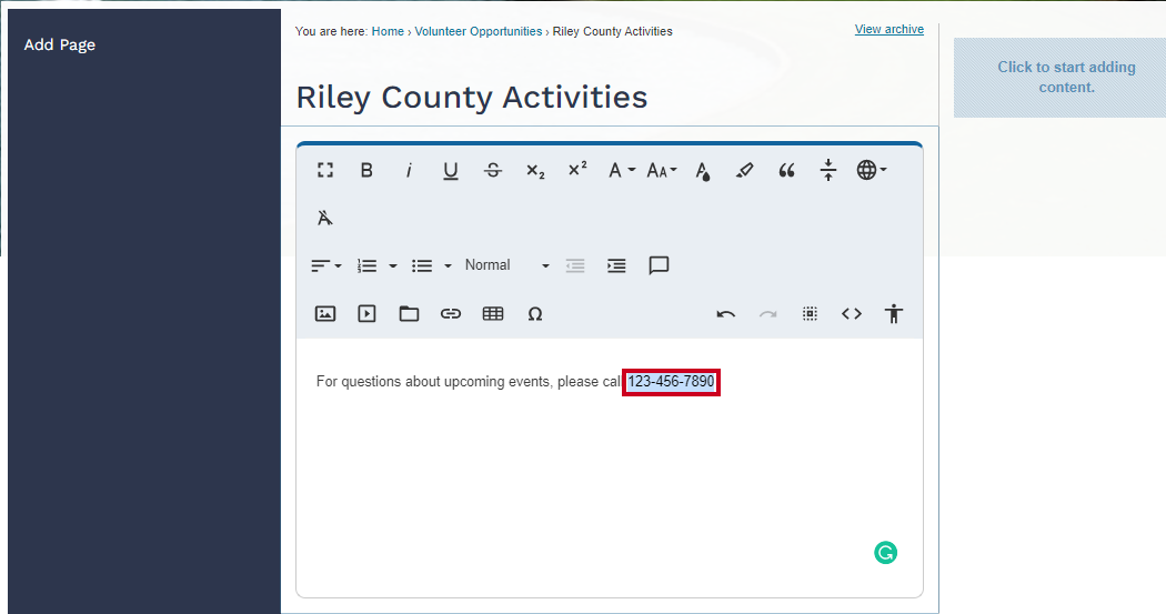 Web Central Editor Widget with a phone number typed in for linking.