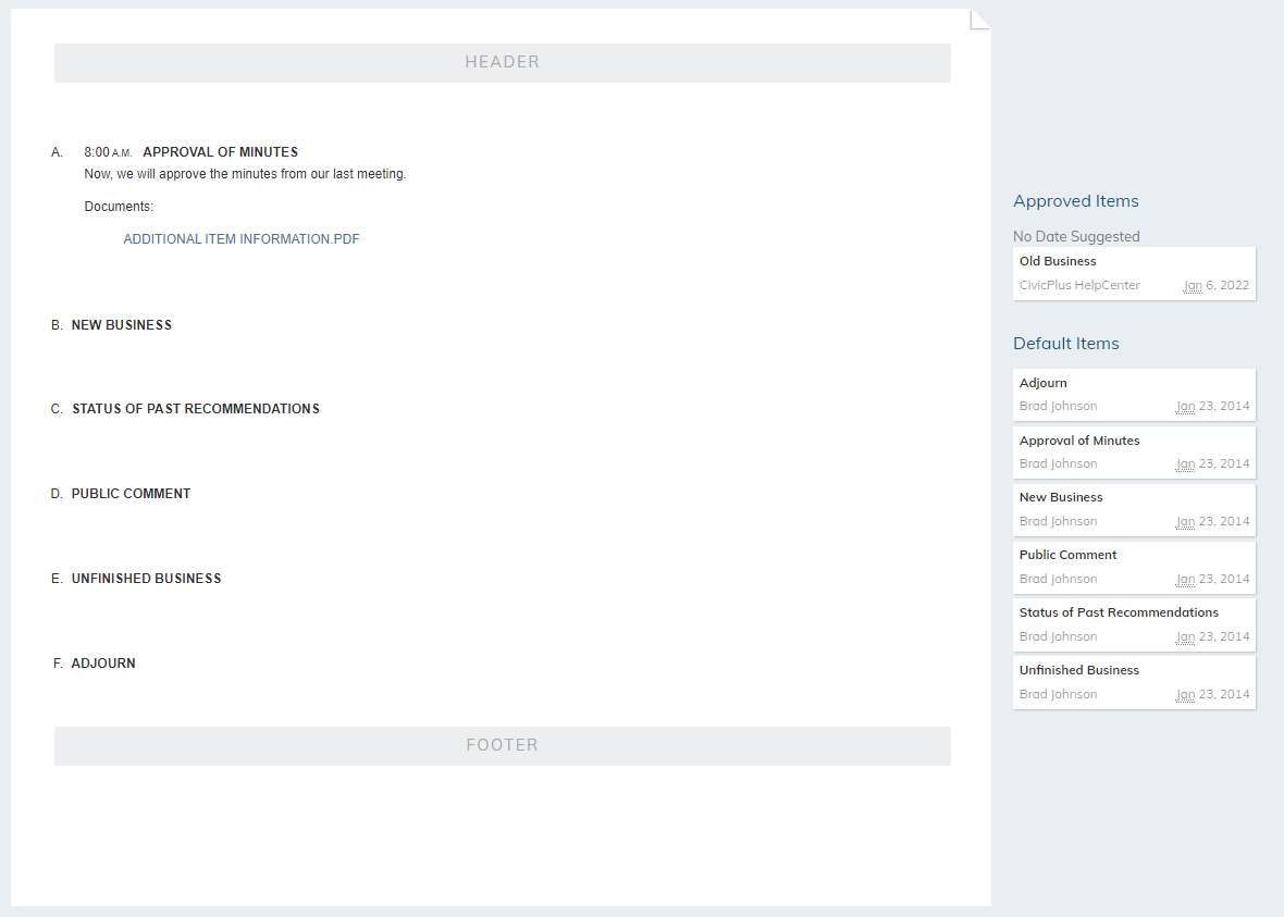 The setting canvas is used to arrange the setting fields for the agenda.