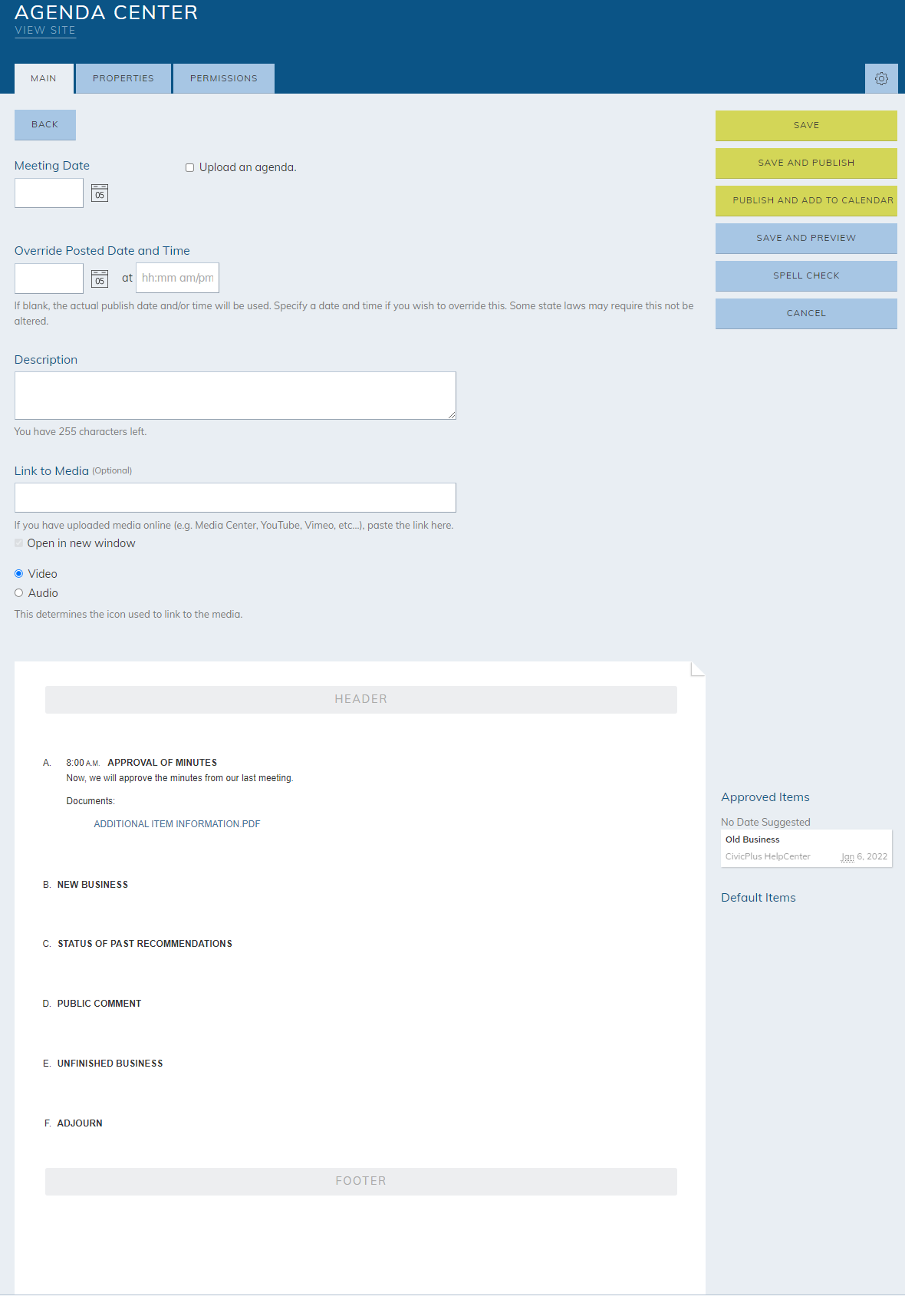A new agenda's informational and settings fields.