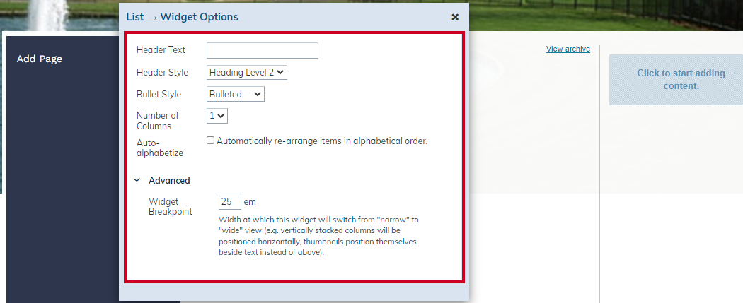 widget options