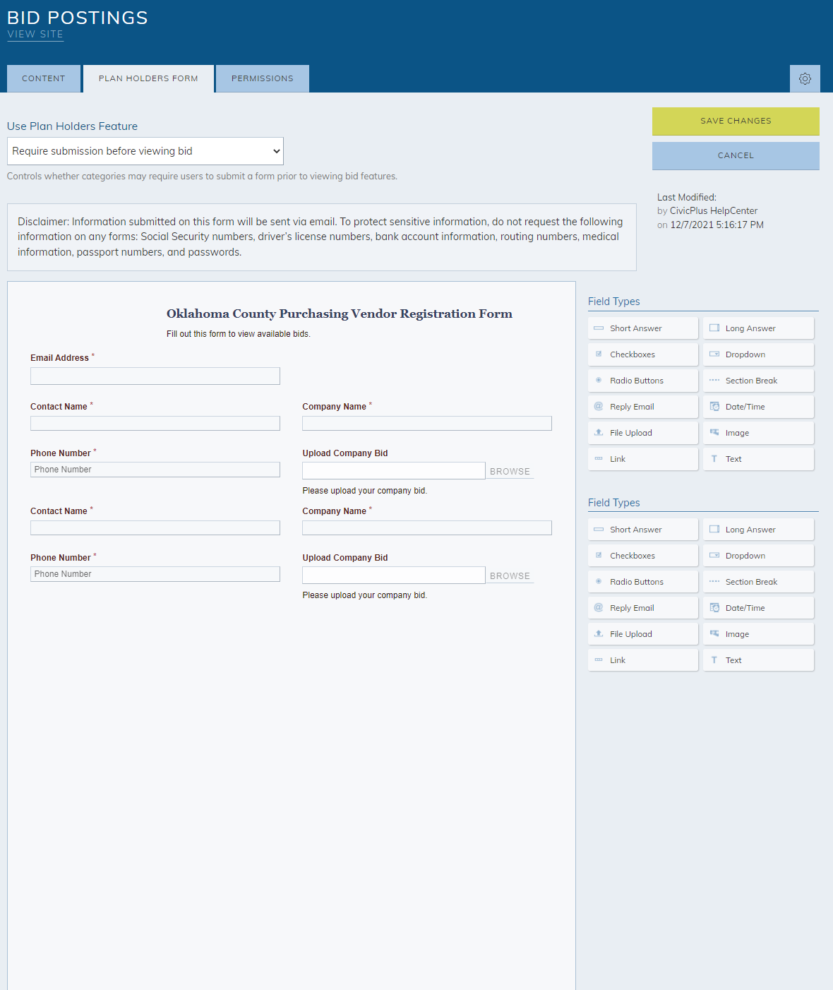 The Plan Holders form features and information fields.