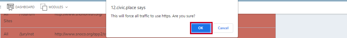 A pop-up message to confirm the use of HTTPS.