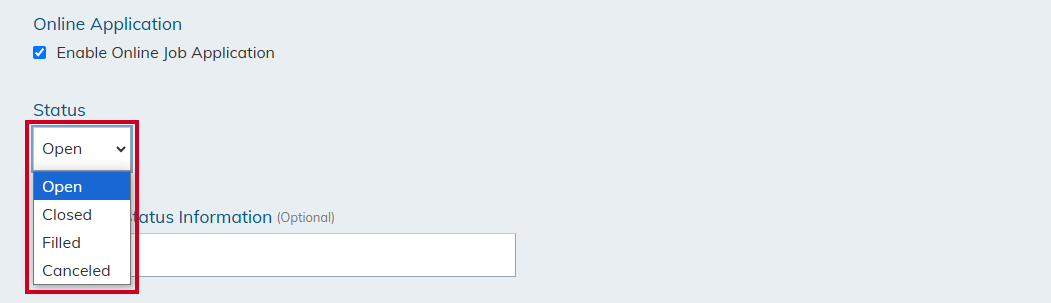The job posting's status update drop-down menu.