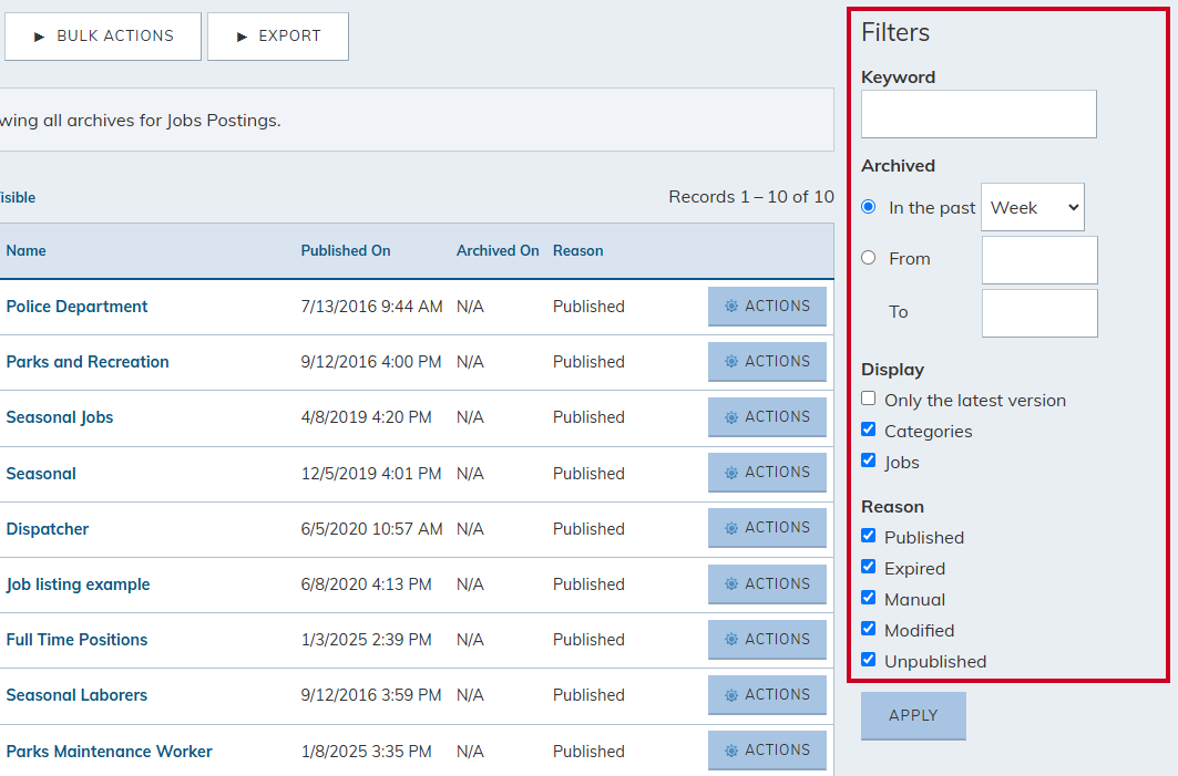 Archive filters.