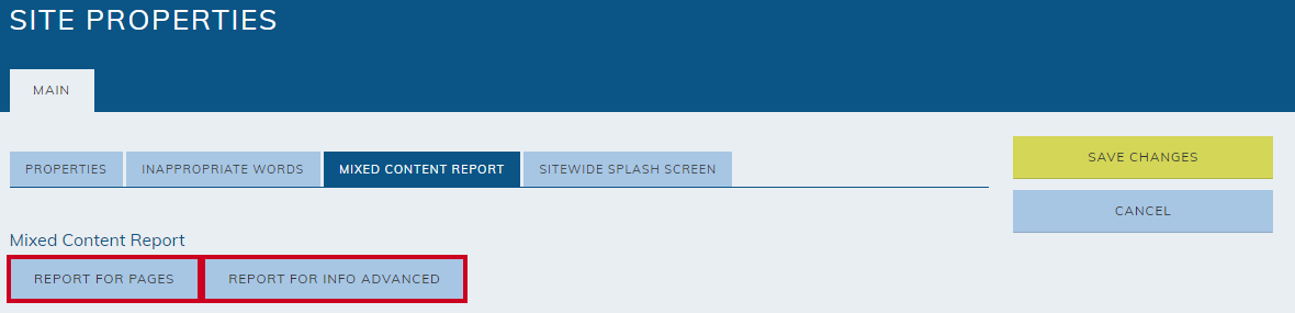 The report for pages and report for info advanced buttons.