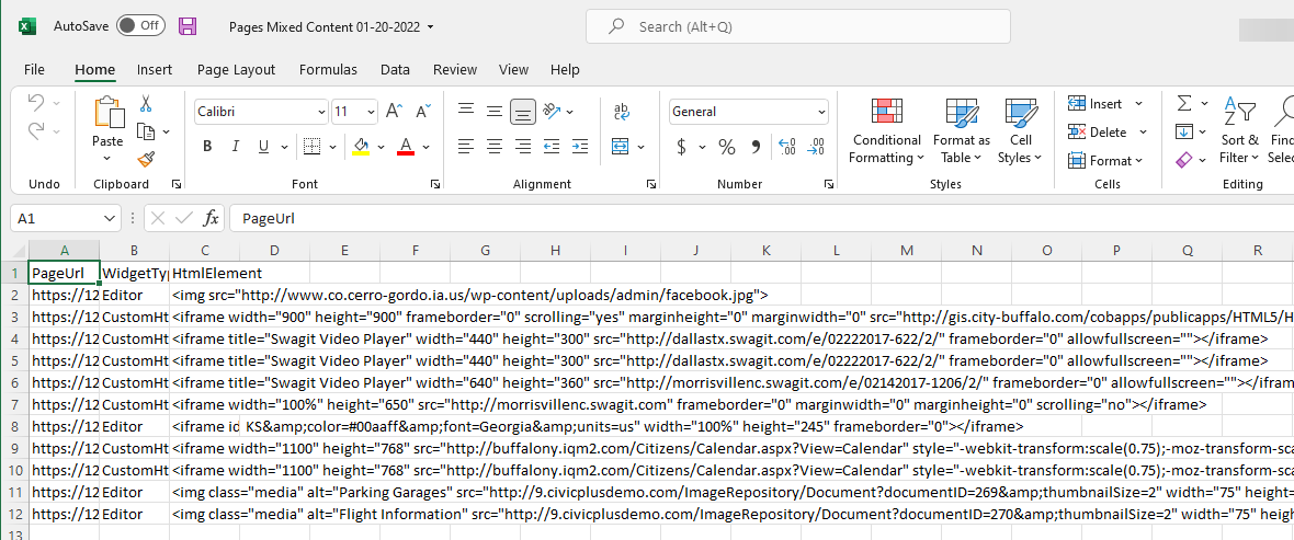 The downloaded CSV file's contents.