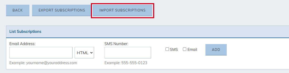 Import subscriptions button.