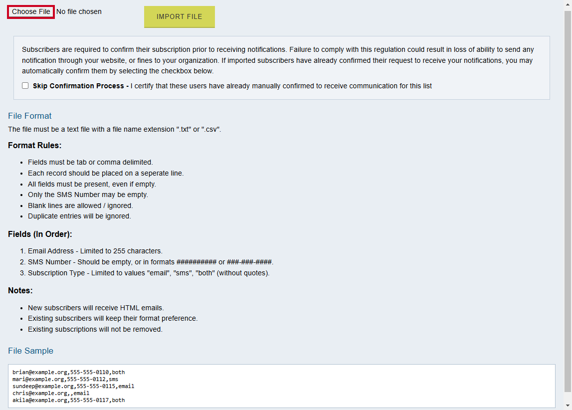 Import subscriptions pop-up window.