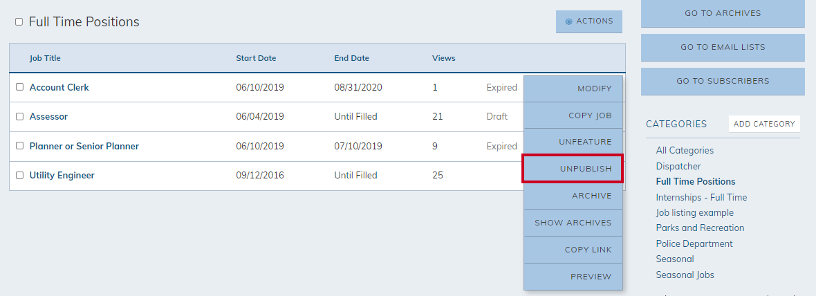 The job posting's unpublish option on the actions menu.
