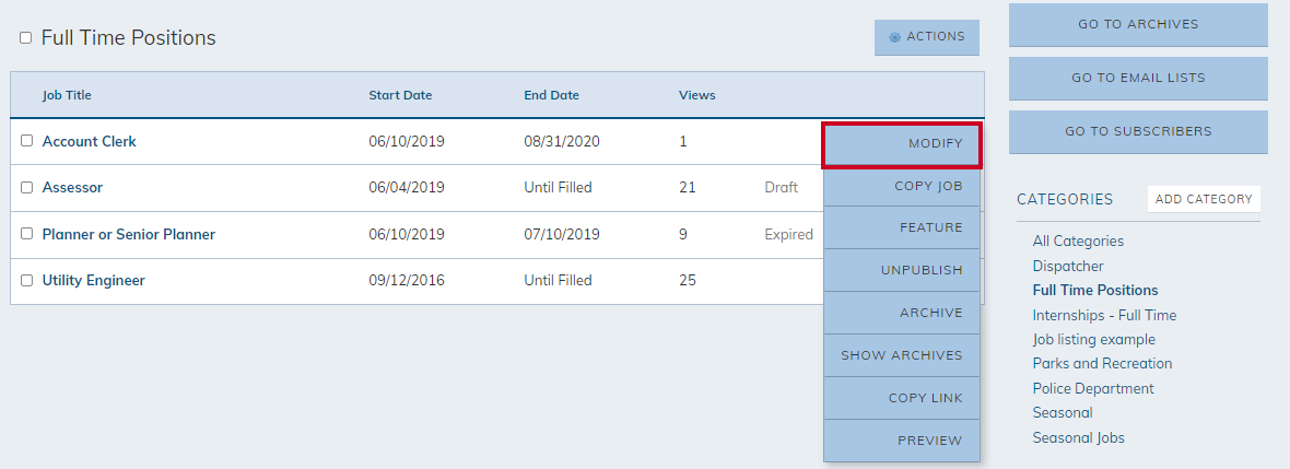 The job posting's modify option on the actions menu.