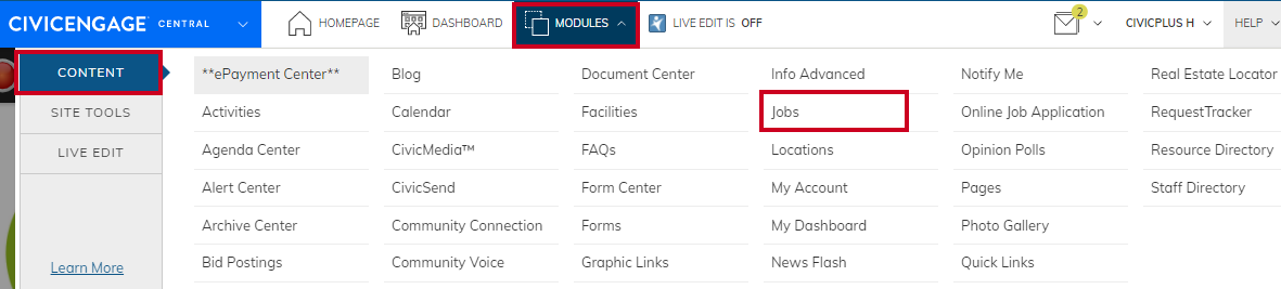 The Jobs module on the module menu list.