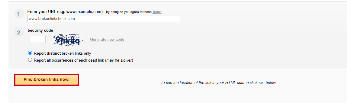 A yellow, rectangular Find broken links now button below the Online Broken Link Checker fields.