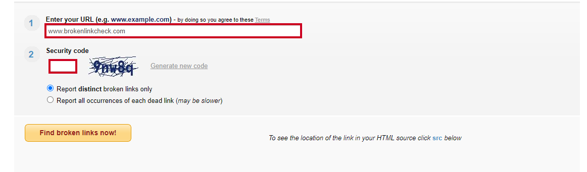 A set of text boxes and radio buttons that can be used to specify broken link preferences and pass a security check.
