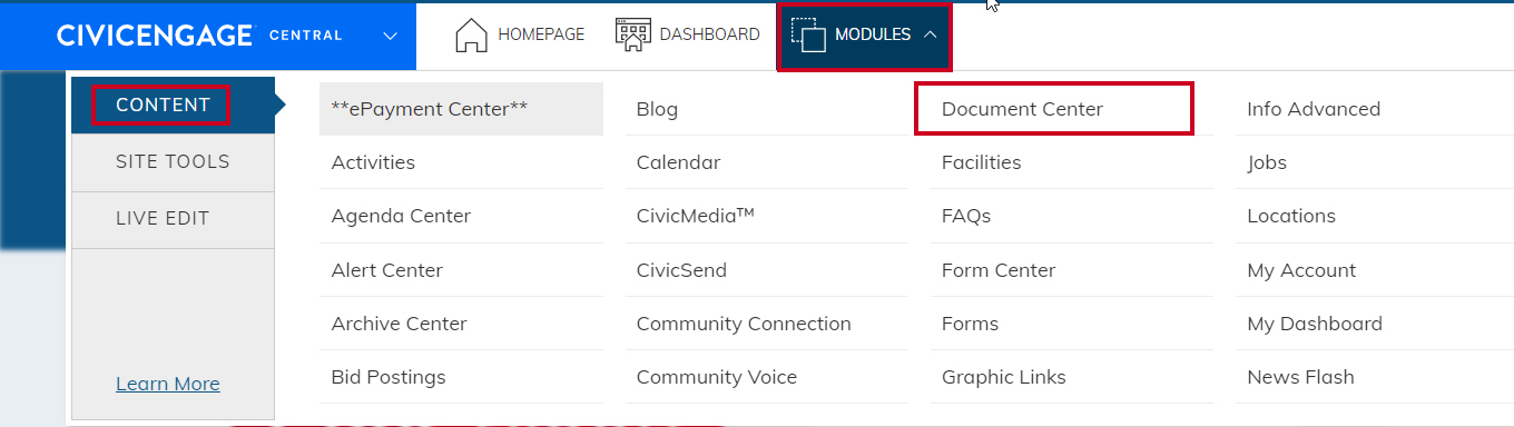 Click on Document Center in the Modules Menu