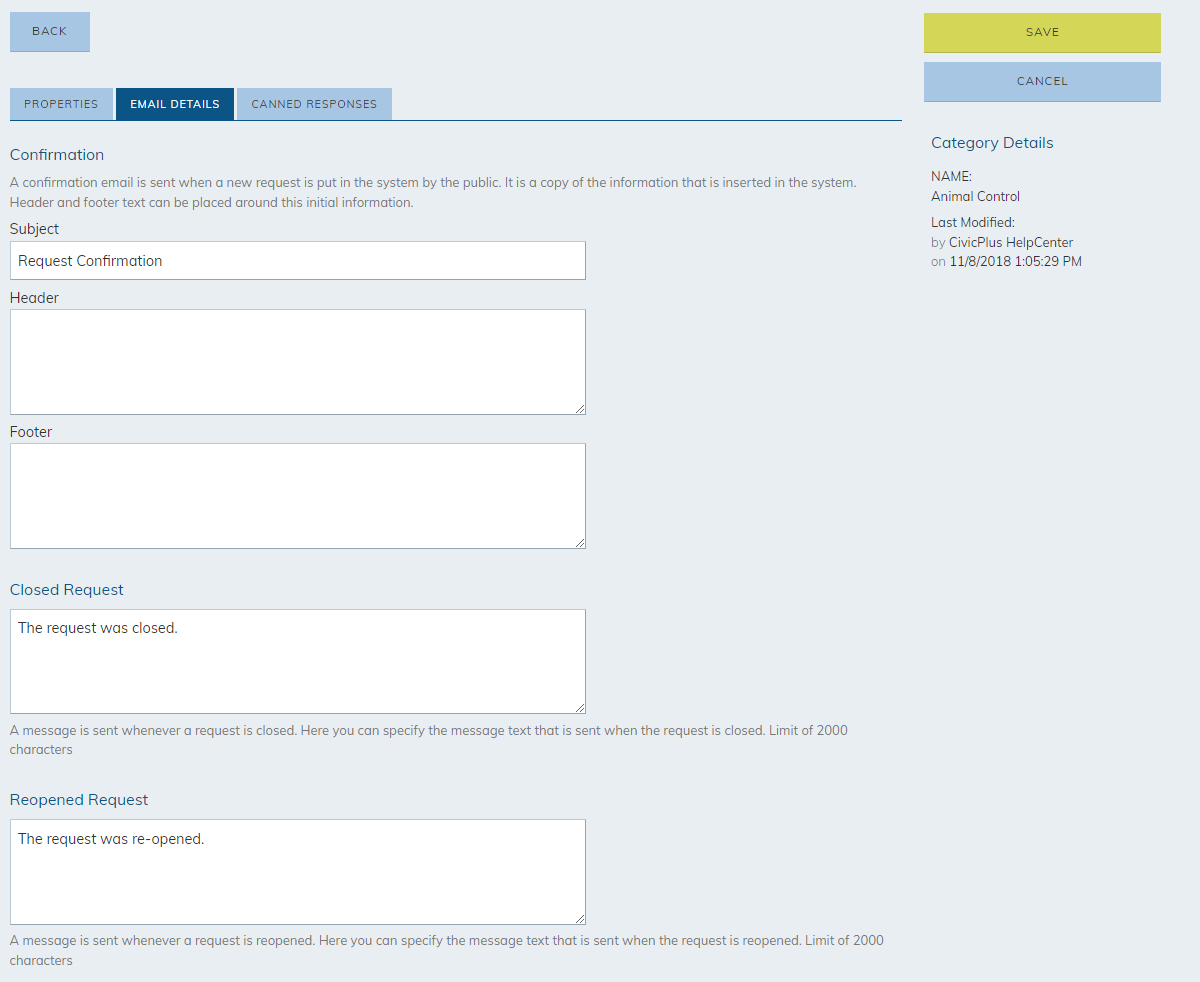 email details tab, information fields