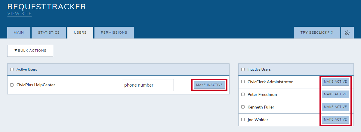 users tab, make inactive or make active buttons