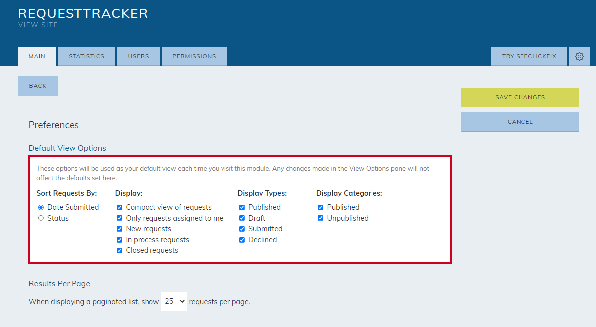 The RequestTracker default preferences options.